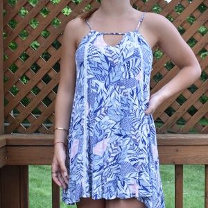 Blue and white leaf print sundress